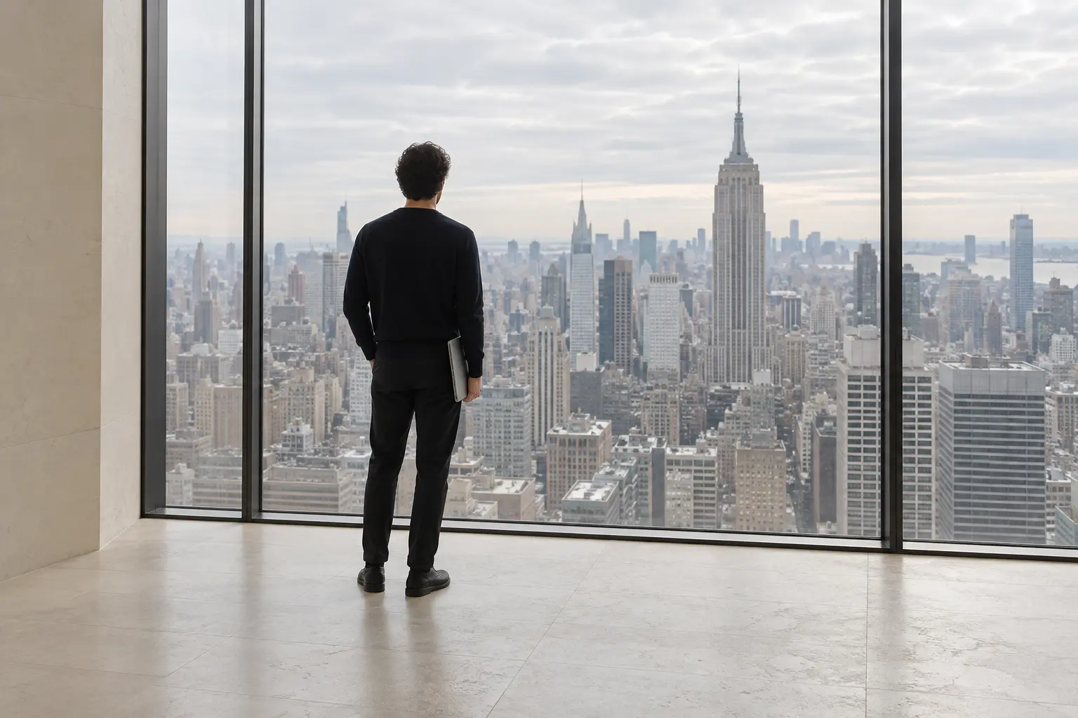 A man, seen from behind, stands at a floor-to-ceiling window high above Midtown Manhattan with a closed laptop at his side, looking out toward the Empire State Building.