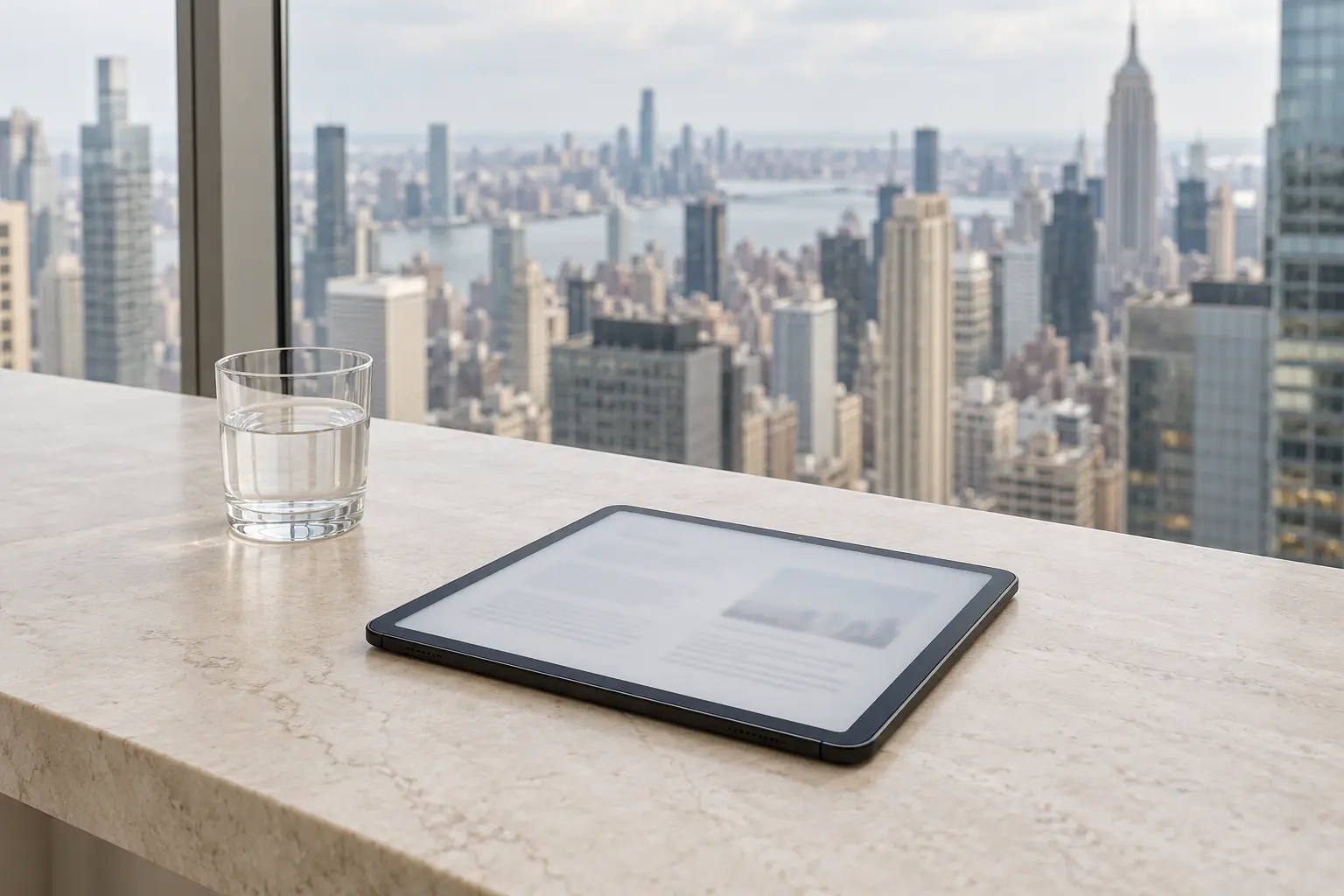 A tablet showing an article lies on a pale stone counter beside a glass of water, in front of a window high over Manhattan.