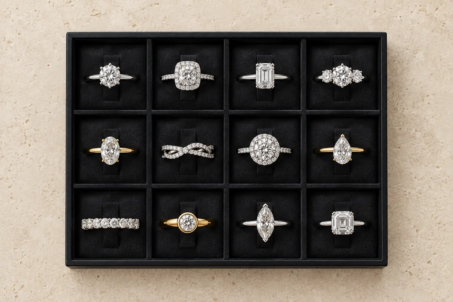 Twelve different diamond rings sit one to a compartment in a black tray on a sand-colored stone surface.