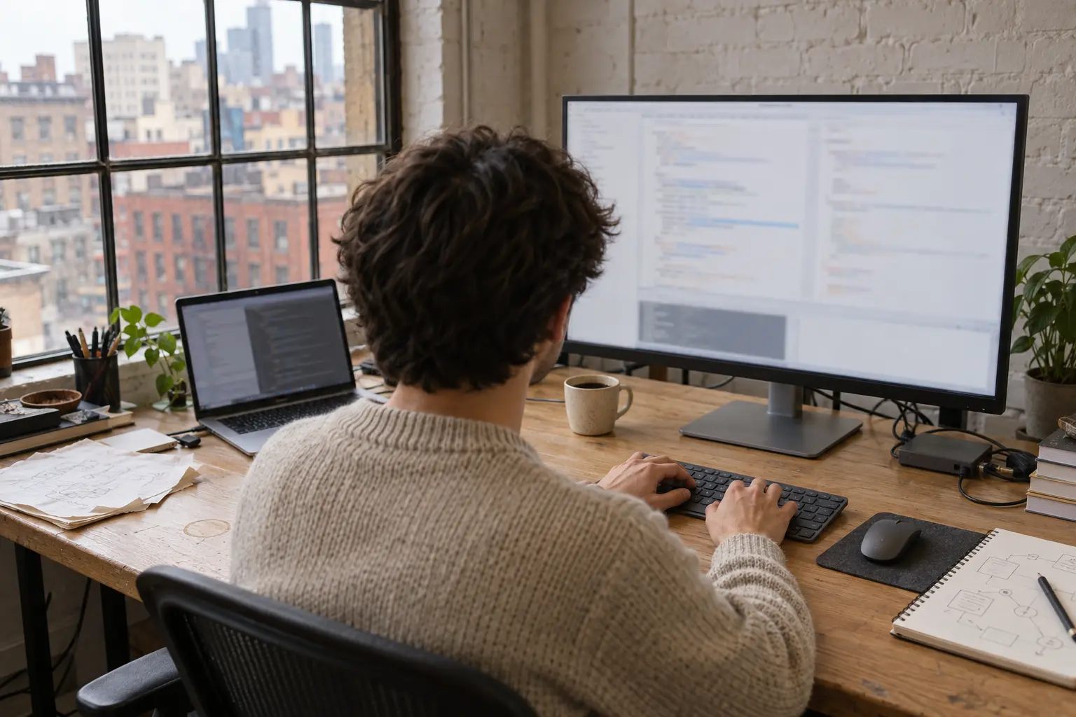 A software engineer, seen from behind, types on a keyboard at a desk by a New York loft window, with code on a large monitor, a laptop beside it, a mouse, a coffee mug and a notebook of sketched diagrams.